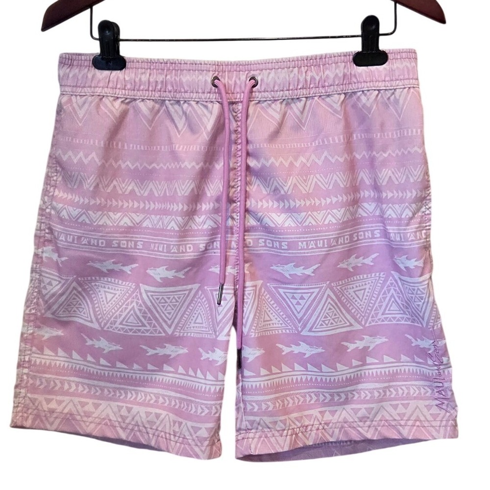 MAUI AND SONS Mens Swim Trunks Shorts Pink Geometric  Print Elastic Waist Large